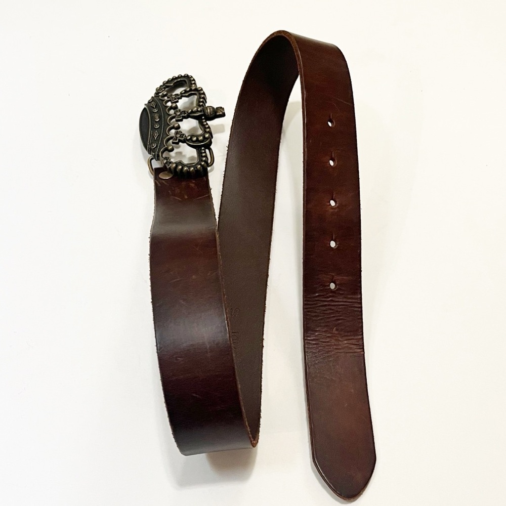 Cabi Brown Wide Leather Belt w/ Brass Crown Buckle. Size (30"-34"). - Picture 3 of 11